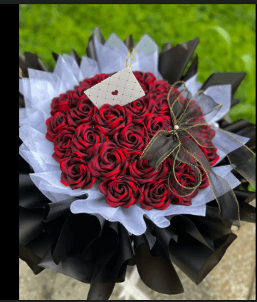 red ribbon bouquet handmade gift for special occasions handmade red ribbon flower bouquet for loved ones elegant red ribbon bouquet for romantic gift artificial red ribbon flower bouquet aesthetic design handcrafted red ribbon bouquet for anniversary or birthday