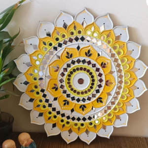 Chitra Artworks Handmade Mud Mirror Painting for Home Decoration | Traditional Lippan Art Wall Hanging | Ethnic Round Design in Yellow for Living Room, Bedroom & Office Decor