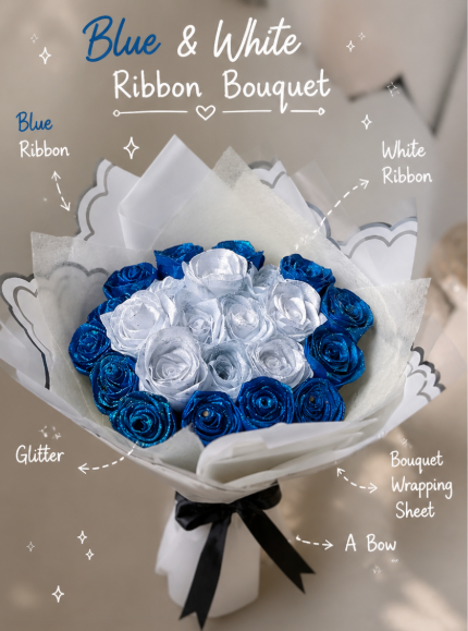 Screenshot 2026-05-04 115847 Blue and white handmade ribbon bouquet | Customized gift|